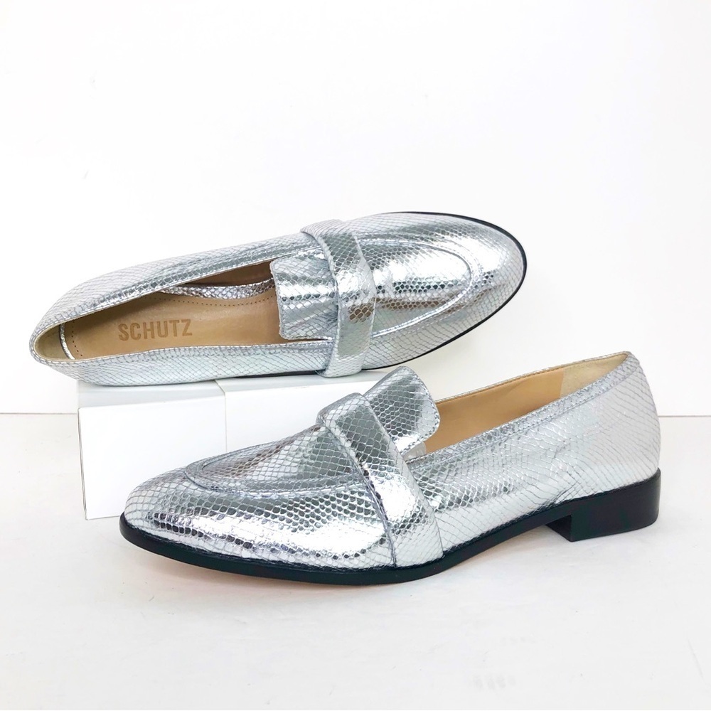Schutz Silver metallic leather loafers